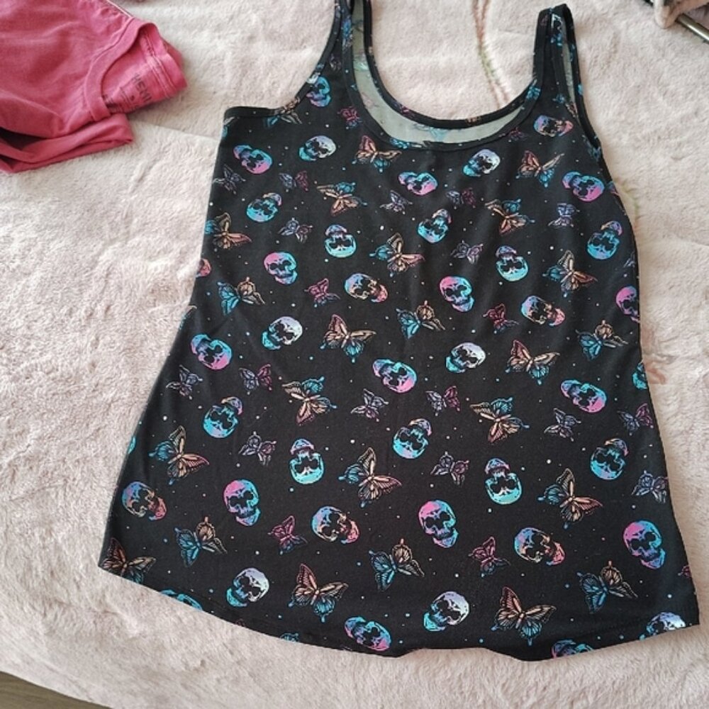 Black Tank Top with Colorful Skull and Butterfly Print